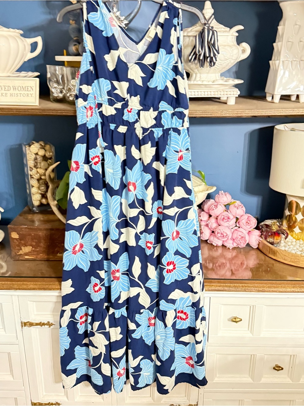 Jessica Simpson Navy Blue Floral Maxi Dress with Light Blue and Cream Flowers